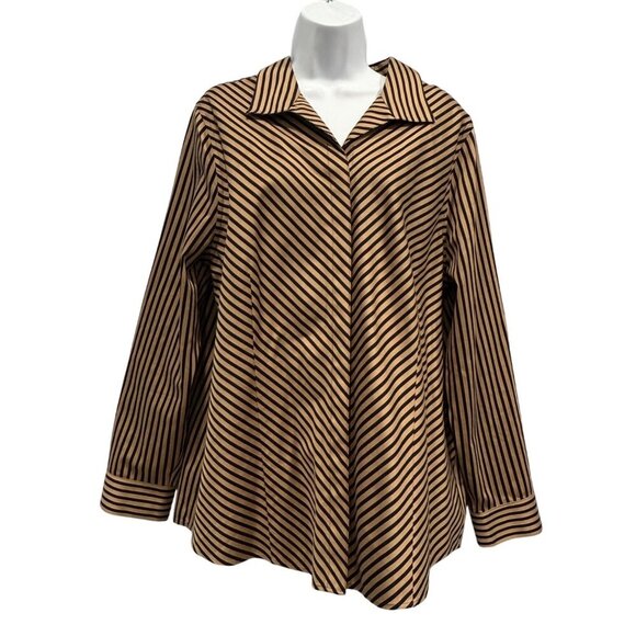 Chico's No Iron Sateen Striped Blouse Travel Office Tan Black Size 3 US 16/18 - Picture 1 of 13
